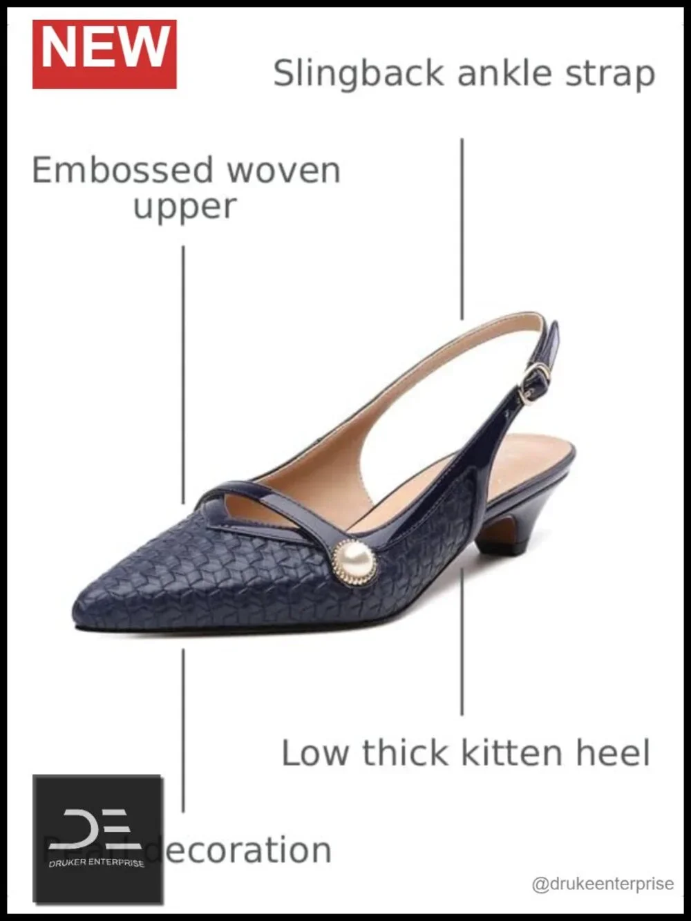 Women's Kitten Heel Slingback Pumps, Pointed Toe Low Heels, Mother of Pearl